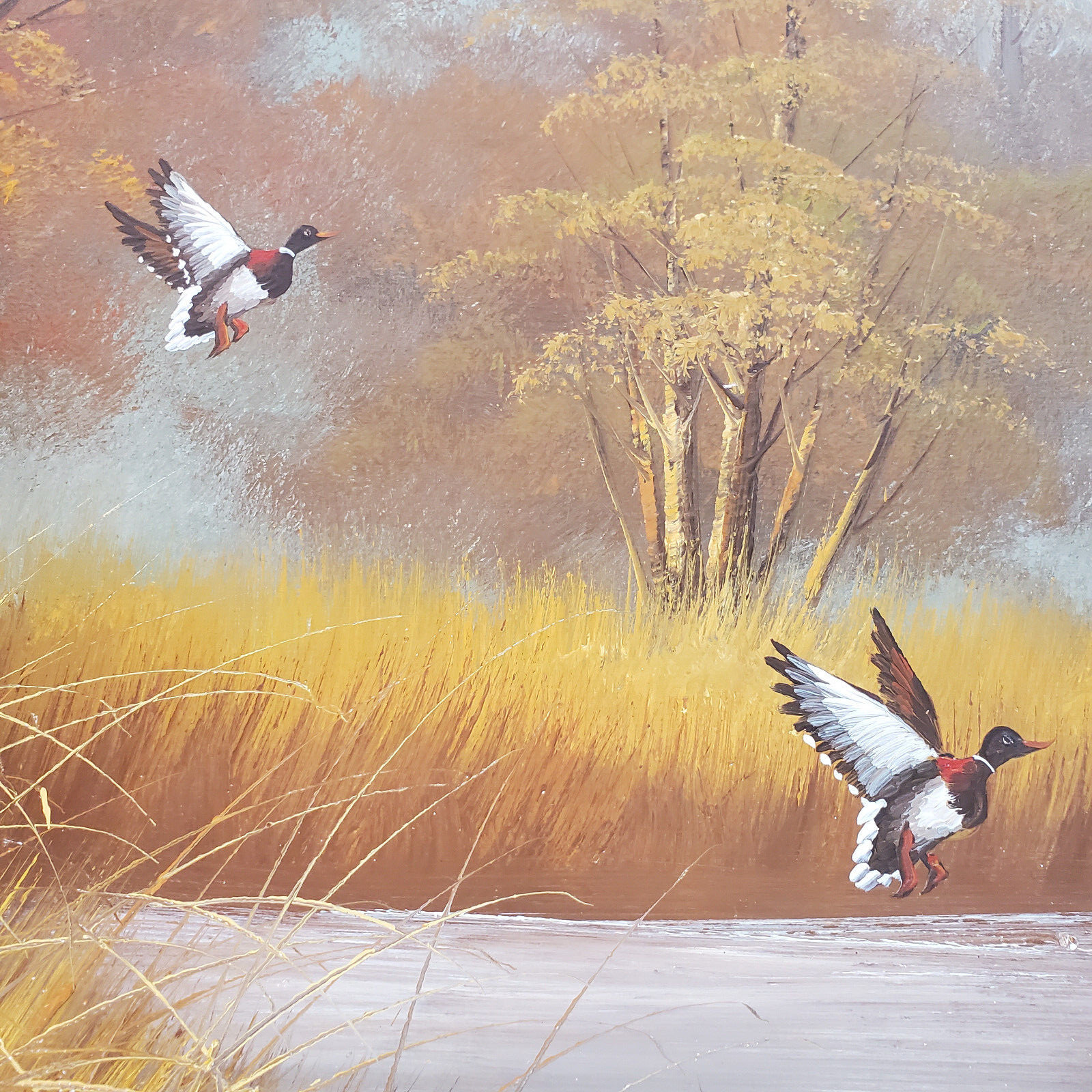 W. Lovell Signed Oil Canvas 24×20 Vtg Painting Ducks in Flight Landing Marsh