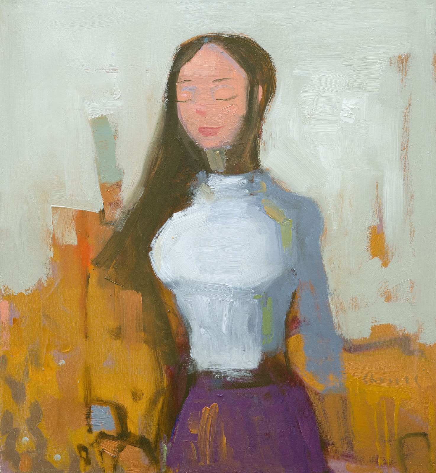 Original Oil Painting Smiling Woman Orange Abstract Landscape 24×22 Aldo Cherres