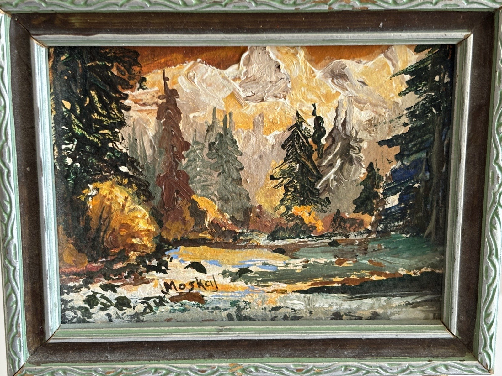 Vtg Mini Original Autumn Mountain Stream Landscape Painting Framed On Easel 3×4”