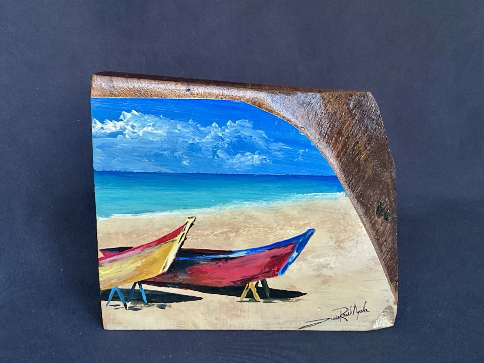 Tropical Boat Scene Painting On Wood 4.5″x 5.5″ Signed Folk Art Coastal Decor