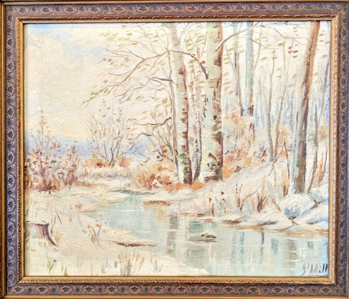 19th Century Winter Landscape Oil Painting – Signed P. Mills