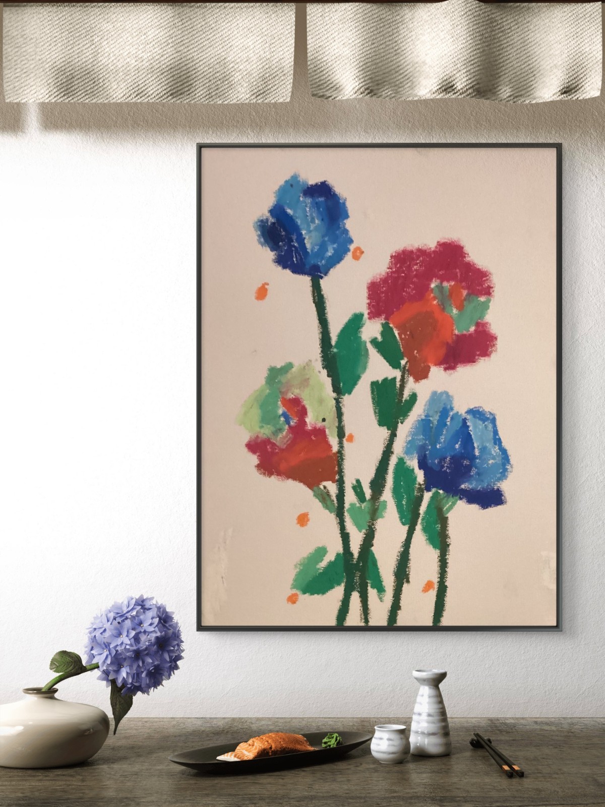 Simple Bright Red Blue Flowers Original 11 by 14 Canvas Panel