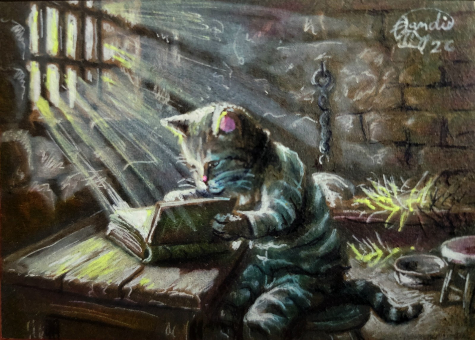 Jacob Landis HANDMADE ORIGINAL Whimsy ACEO Cute Kitten And Fan «A Cool Rest»