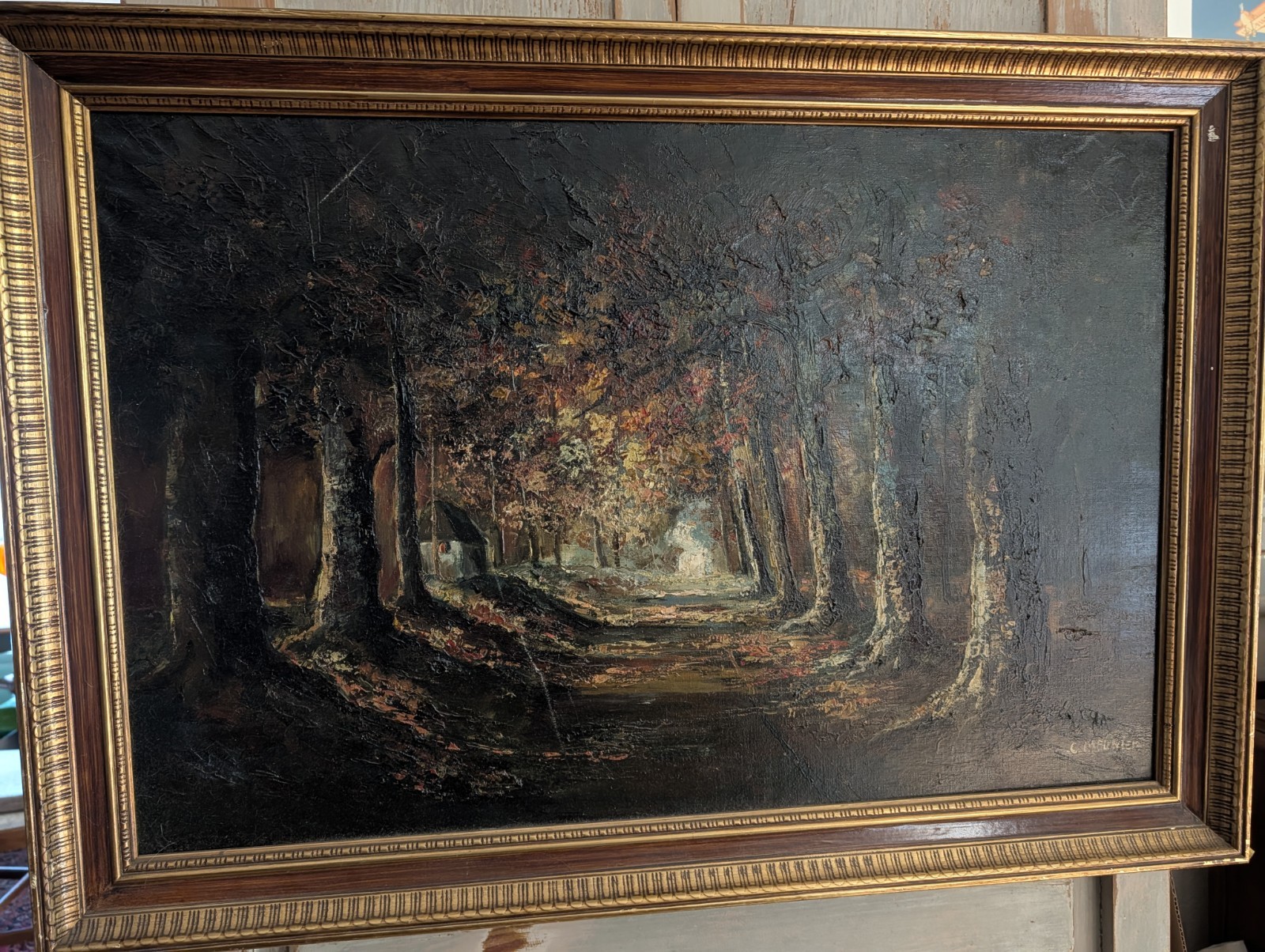 Constantin MEUNIER ANTIQUE Forest Trees LANDSCAPE PAINTING Framed Large 29 X40″