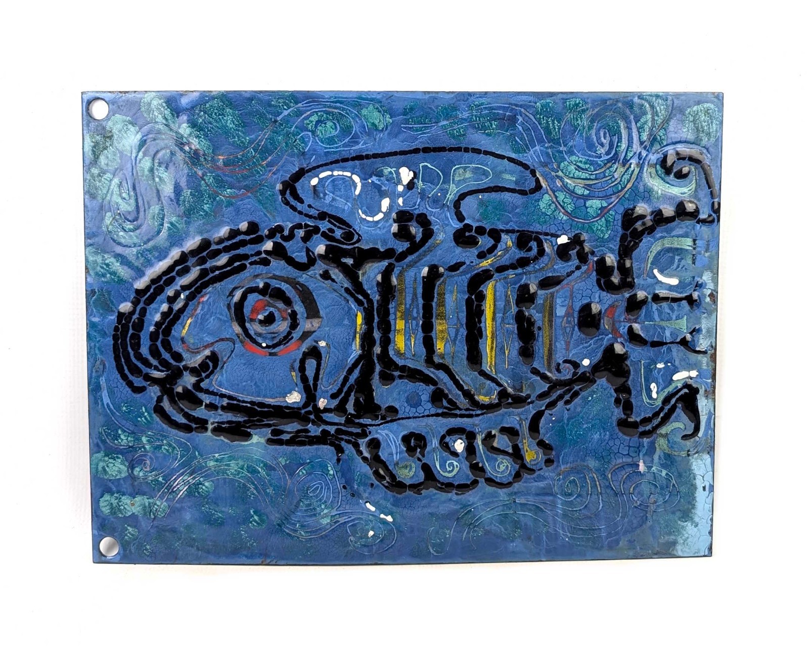 Vintage Mid Century Modern Art Enamel Painting on Copper Blue Fish