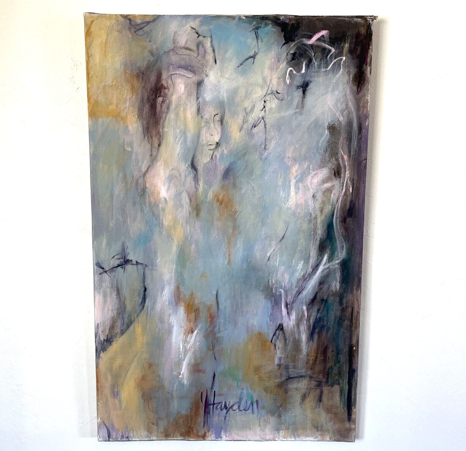 Vintage Figural Female Expressionist Abstract Painting 24×36″ signed Hayden