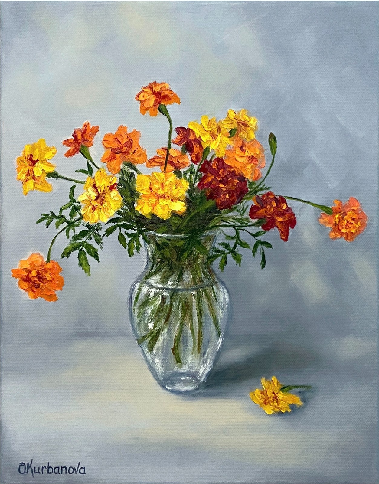 Marigolds Bouquet Oil Painting Original Impasto Wall Art Canvas 11″x14″