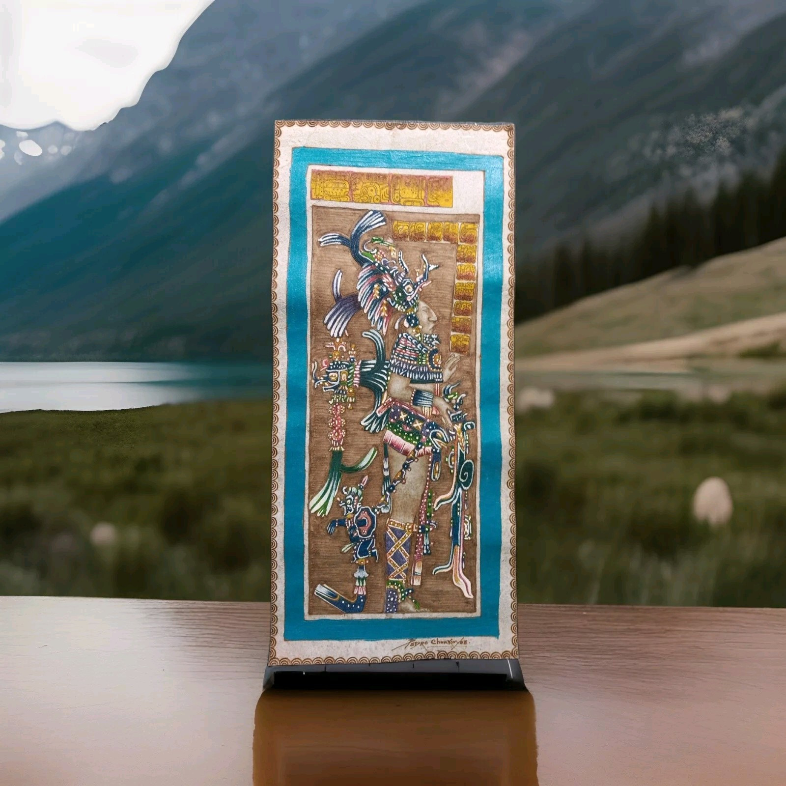 King Chan Bahlum II Myan Warrior 19″x8 1/2″ Painting on Suede Leather* Signed *