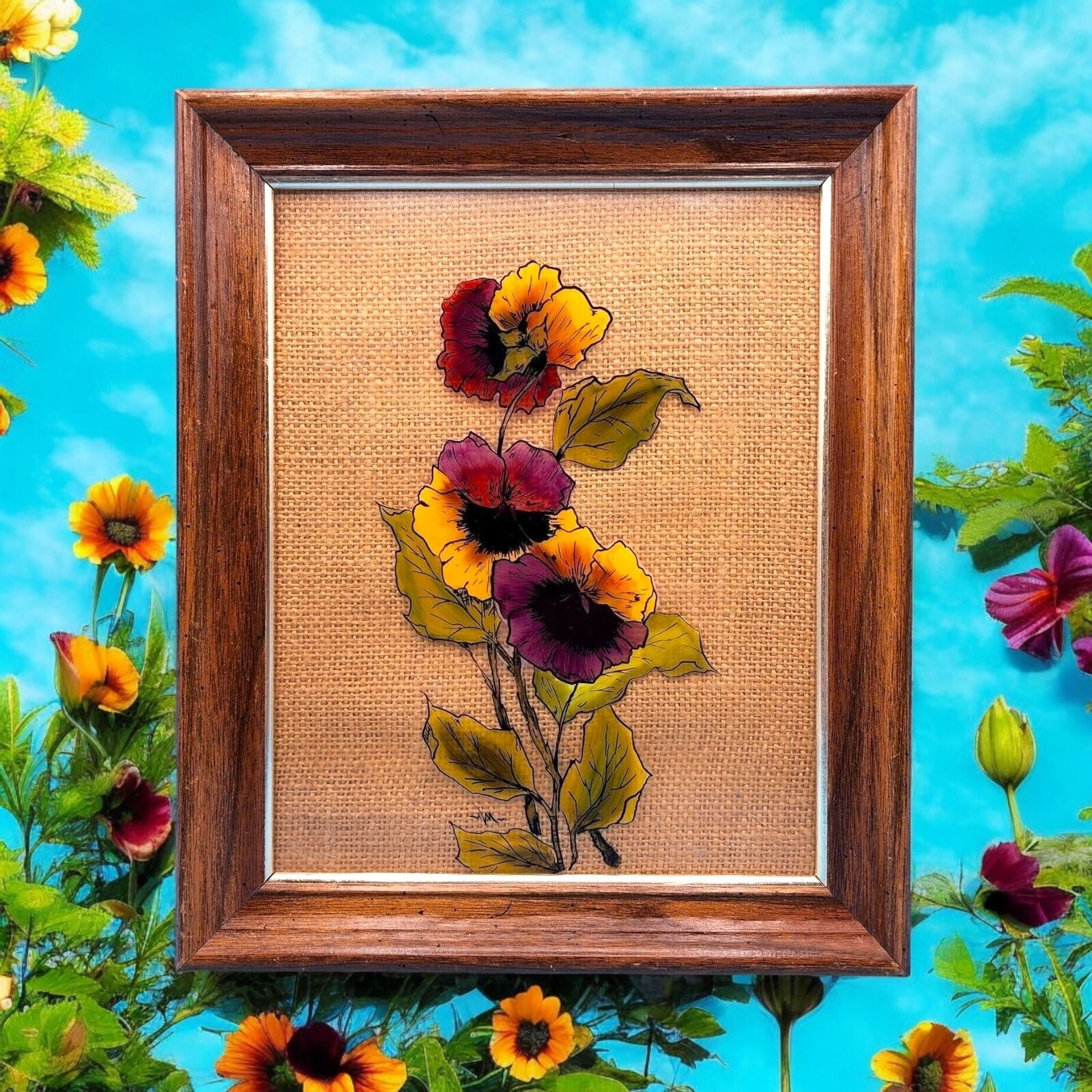 Vintage Reverse Painted Pansy Floral On Glass Signed Art Framed 10″L x 12″H