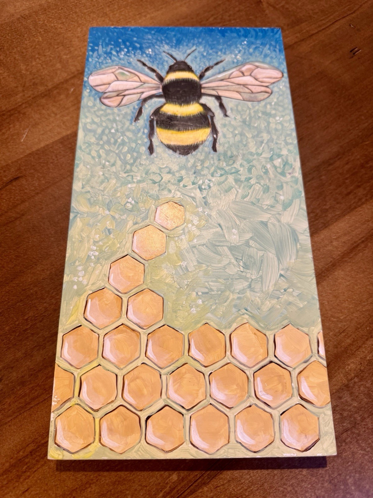 Bumblebee Honey Bee Honecomb original acrylic painting 12” x 6” x 1/2” outsider