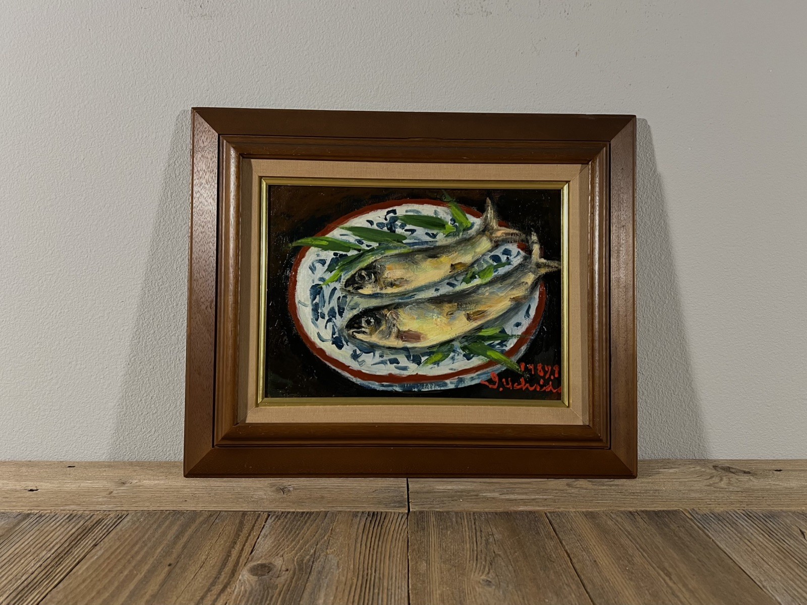 1987 Japanese Vintage Fish On Plate Still Life Oil Painting