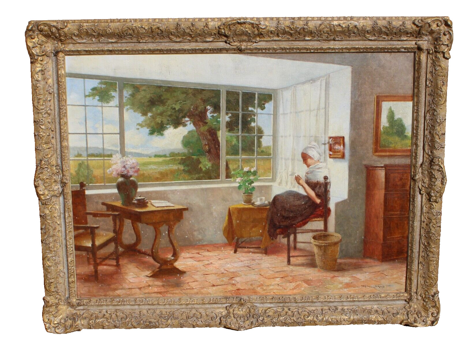AKOS TOLNAY Turn of Century Woman in an Interior with Picture Window oil AS IS