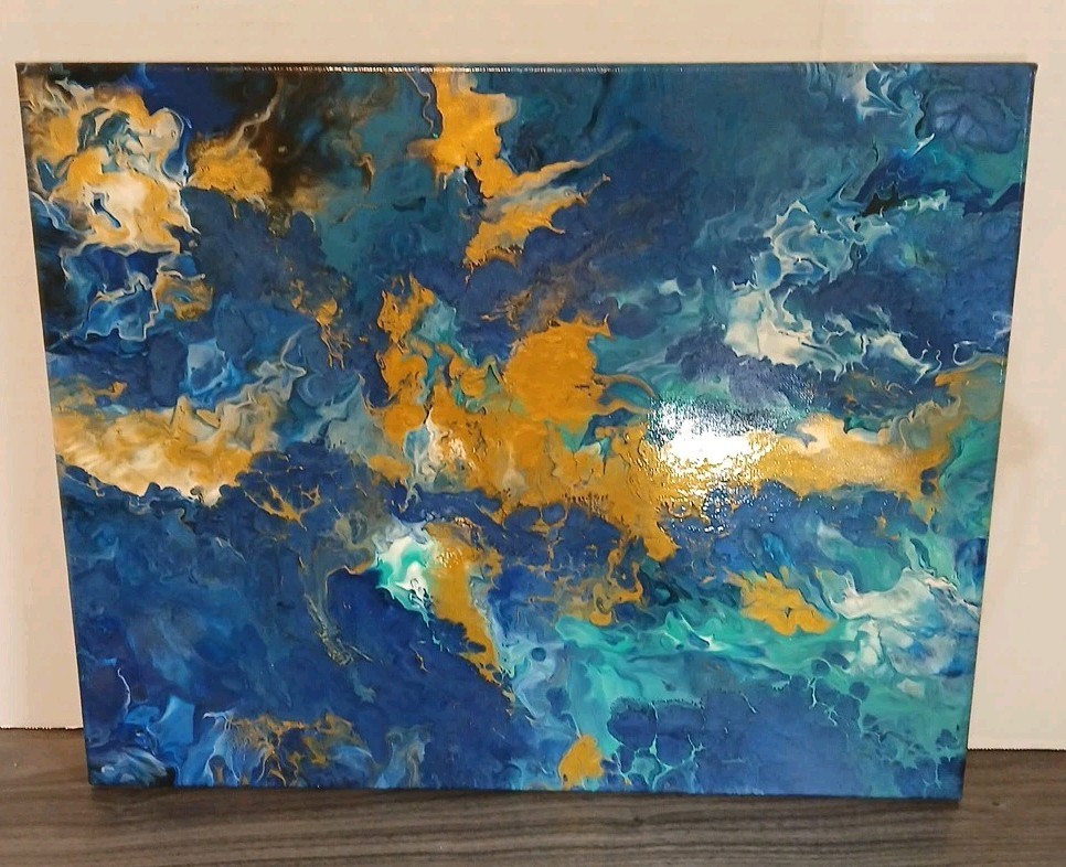 Acrylic Pour Painting Abstract Blues Black Gold White 14×20 Unframed OOAK