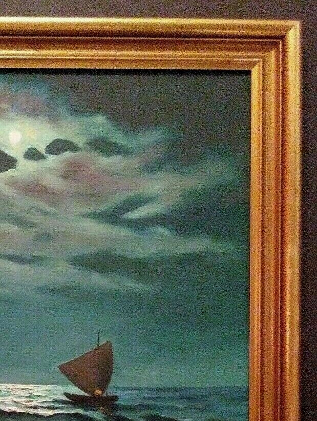 LISTED AMERICAN FRANK FERRUZZA Sd MOONLIT SAILBOAT ORIGINAL OIL on CANVAS FRAMED