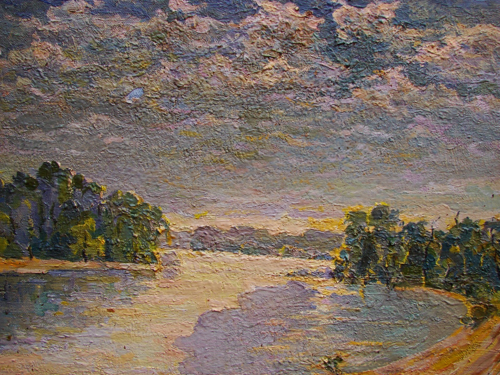 Ukrainian Soviet Oil Painting postimpressionism landscape river after rain cloud