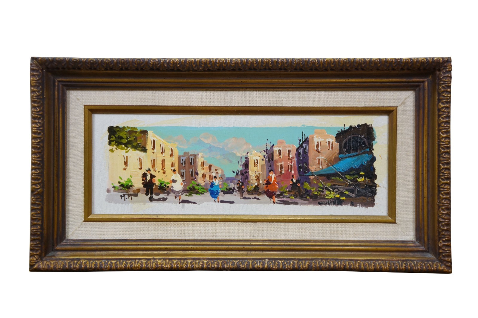 European Impressionist Market Place Street Scene Oil Painting on Board 17″