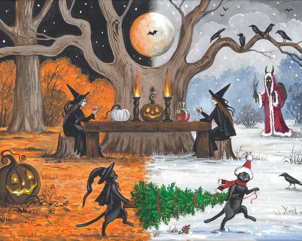 8×10 print OF PAINTING CHRISTMAS HALLOWEEN RYTA KRAMPUS SALEM BLACK CAT WITCH 🍁