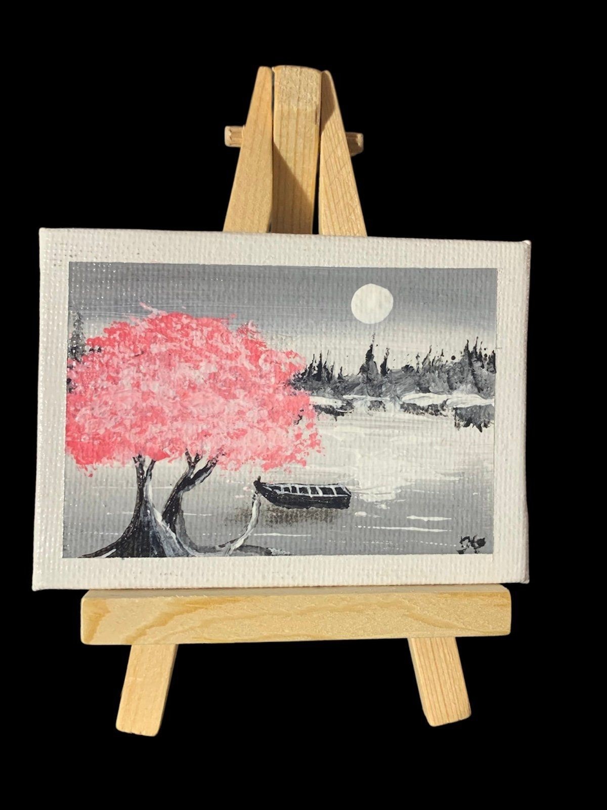 Enchanting Miniature Landscape: Pink Tree & Moonlight (Acrylic on Easel)