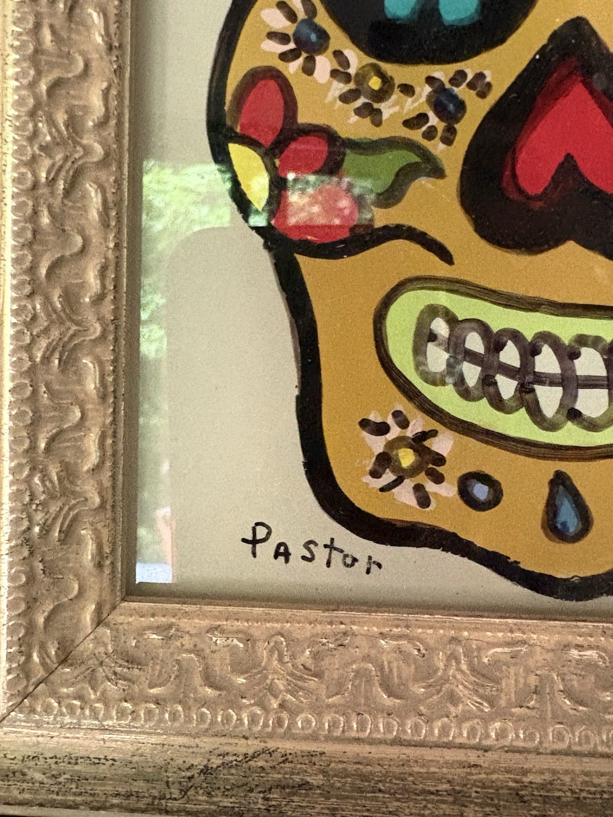 Vibrant Lori Pastor Reverse Glass Sugar Skull Painting 9” x 7” Gold Frame