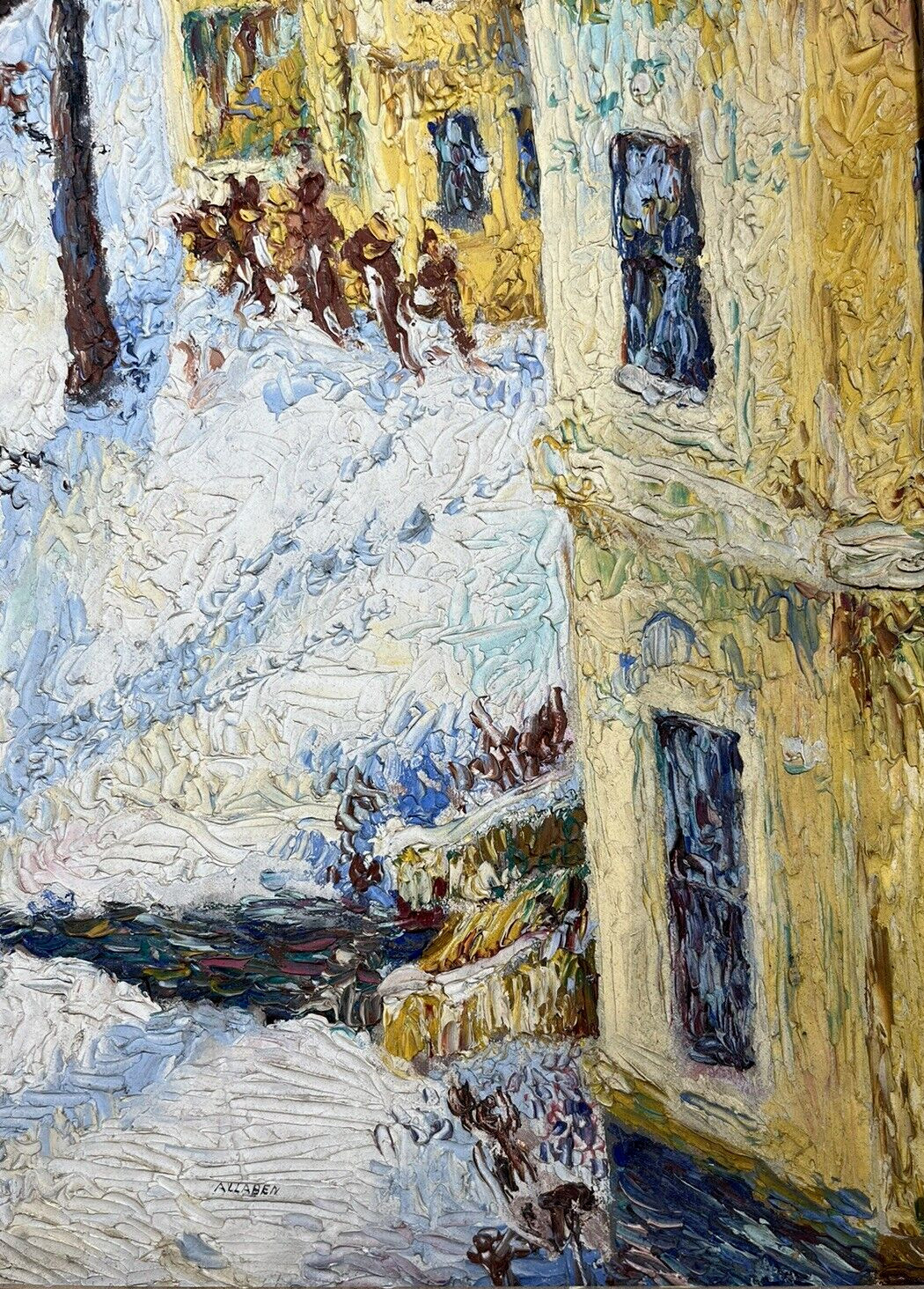 ORIGINAL TEXTURED AMERICAN TOWN ANTIQUE WINTER SNOW VINTAGE LANDSCAPE PAINTING