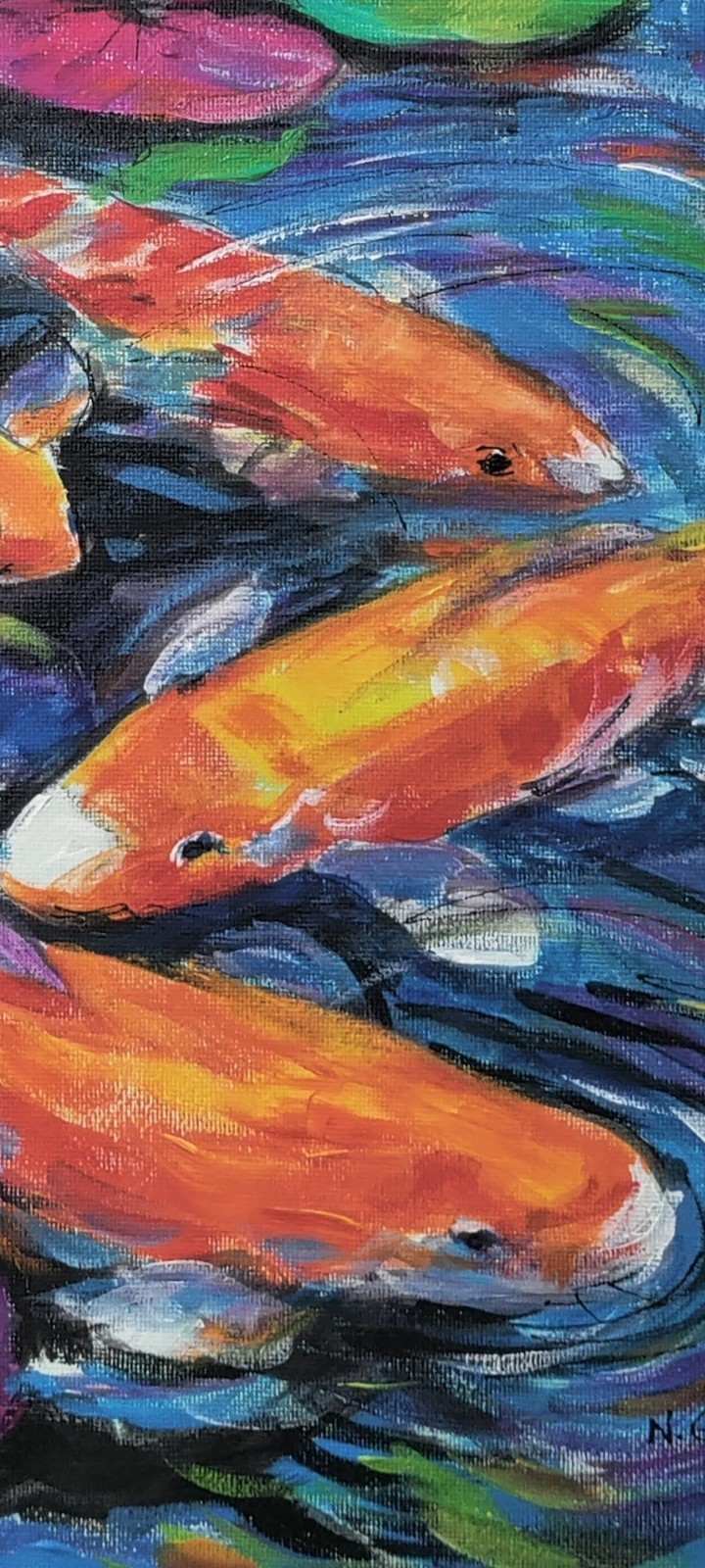 Original Abstract Expressionism Colorful Koi Fish 14 x 11 Canvas Wall Painting