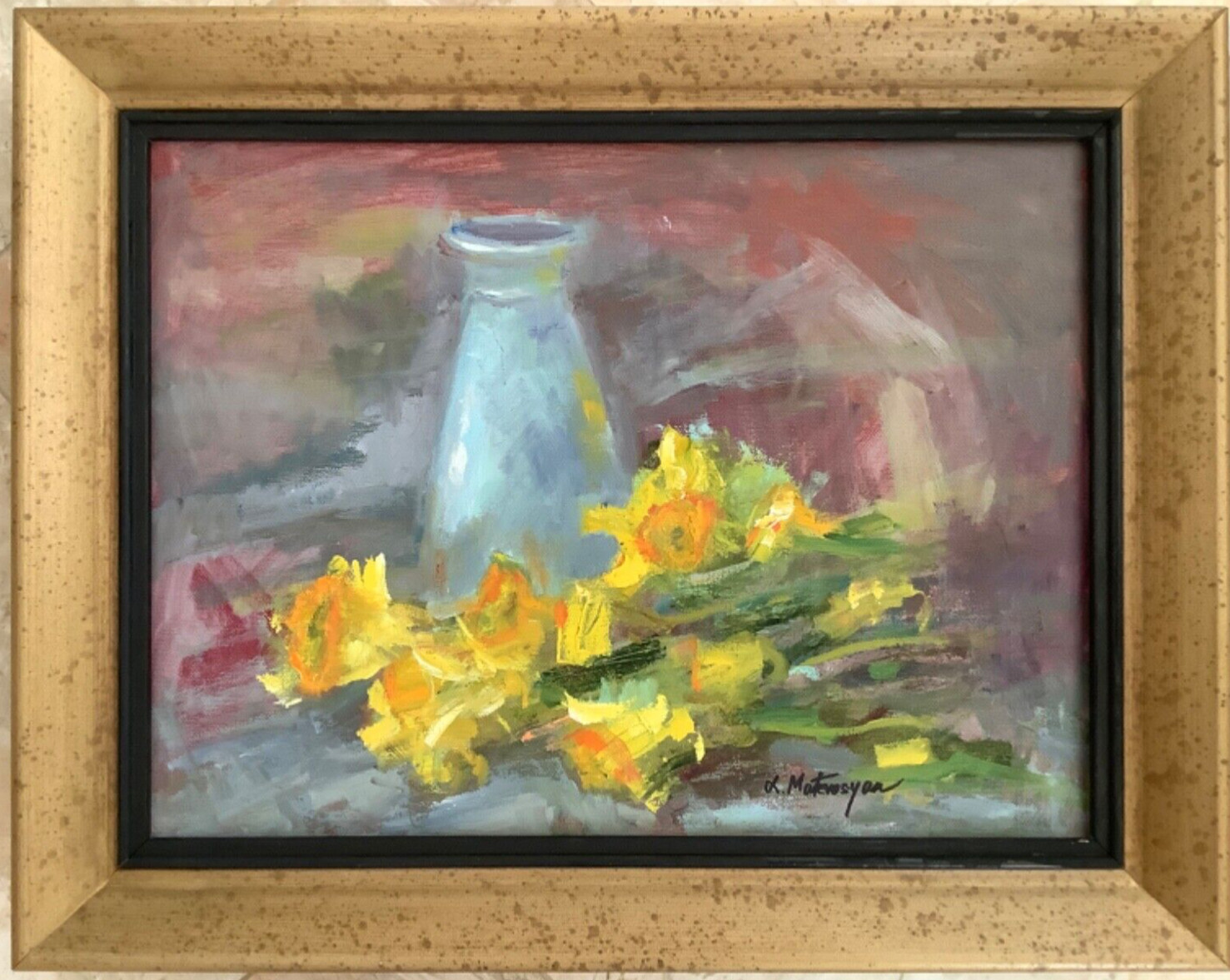 Original Framed Impressionism Oil Painting Floral Daffodils Still Life Signed,
