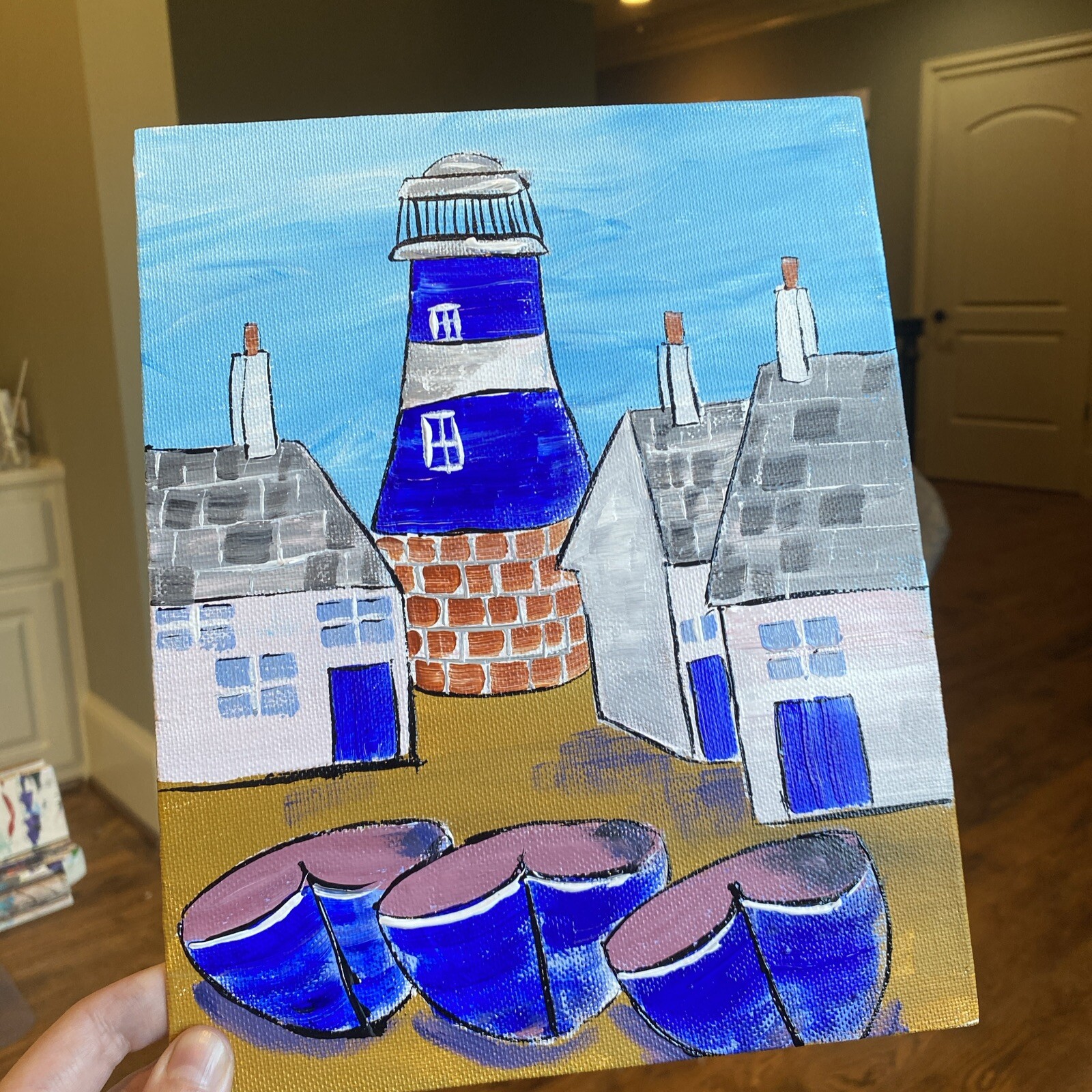 Ship,Boat,lighthouse,paintings on canvas Panel original 8/10, Abstract Seascape