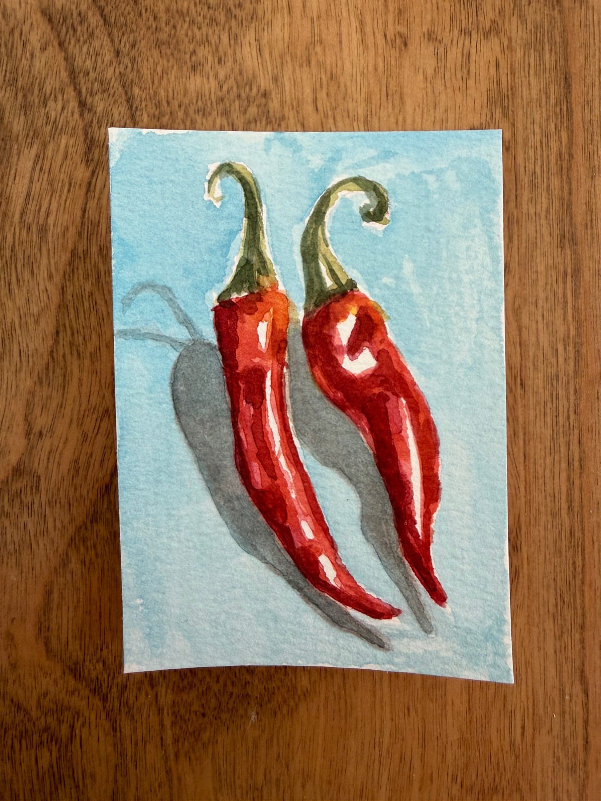 ACEO Original red chili peppers still life, veggie food illustration 2.5 x 3.5in