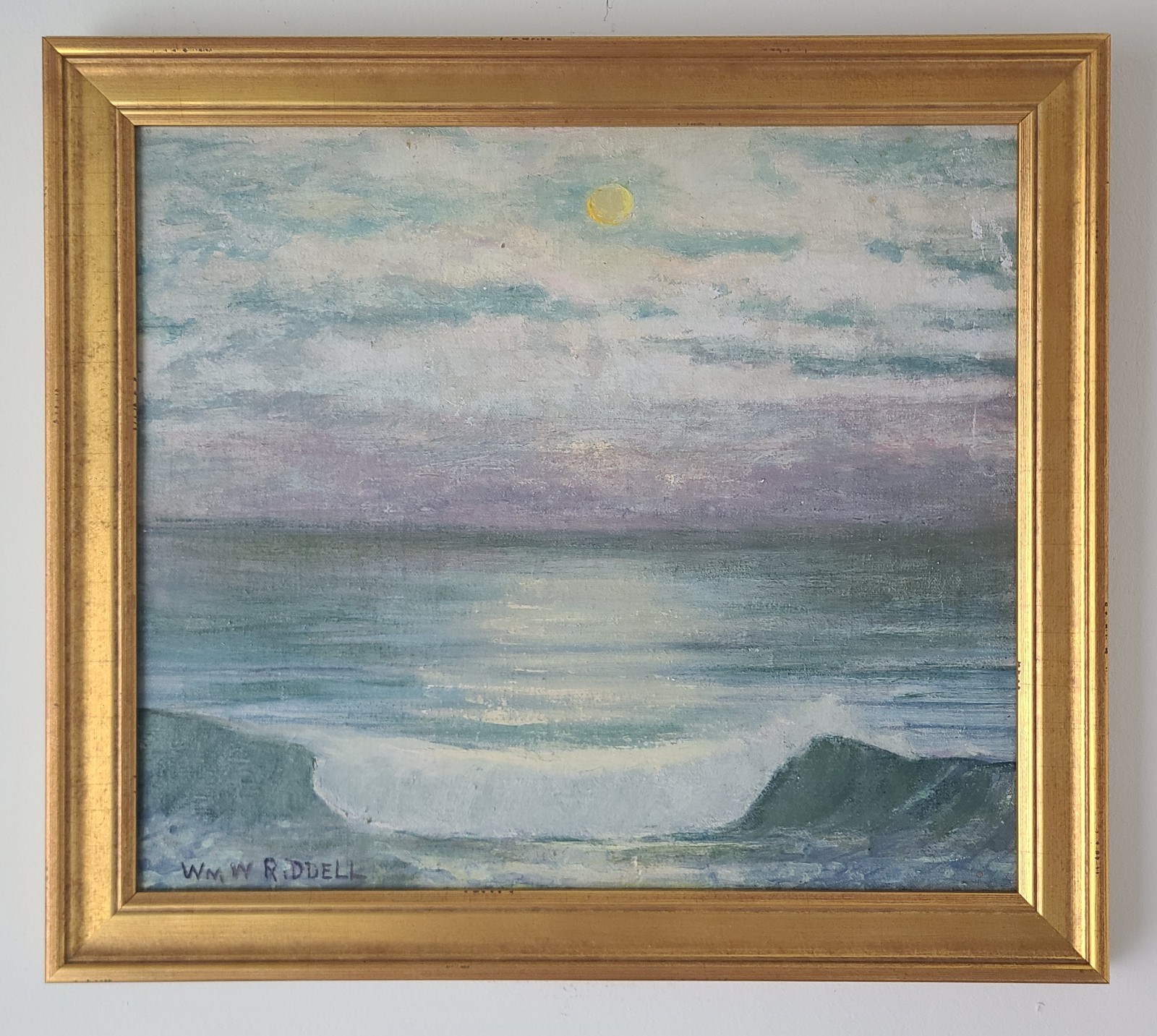 Antique 1930’s Oil Painting California Beach Coastal Nocturne Signed WMW Riddell