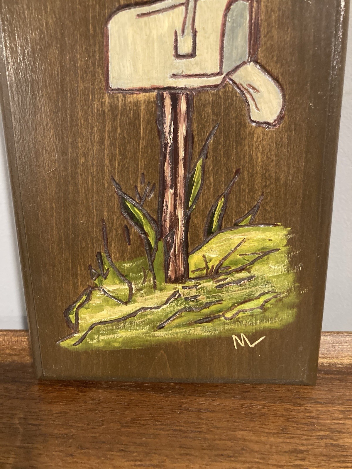 Hand Painted Rural Country Mailbox Painting on Wood Plaque Wall Art Signed 9”