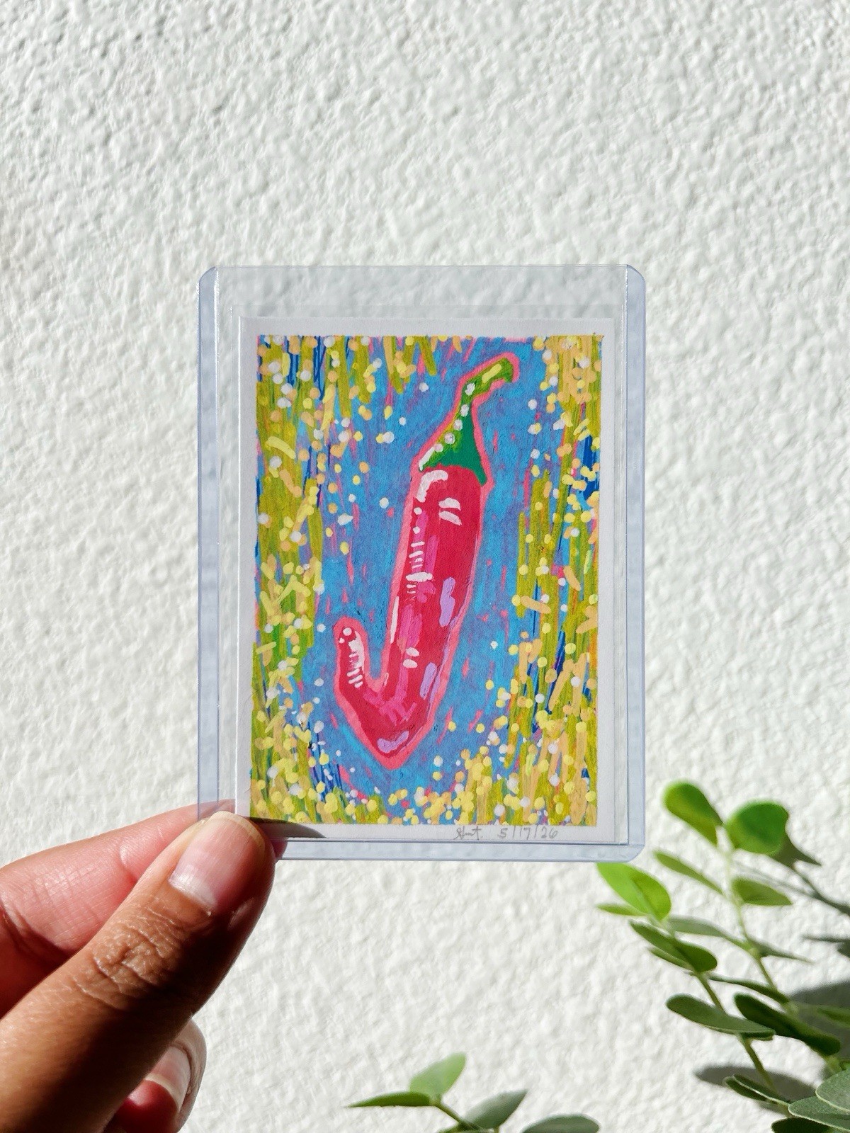 Original ACEO Ejaculating Thai Chili Acrylic on Paper 2.5in x 3.5in Card Sleeve