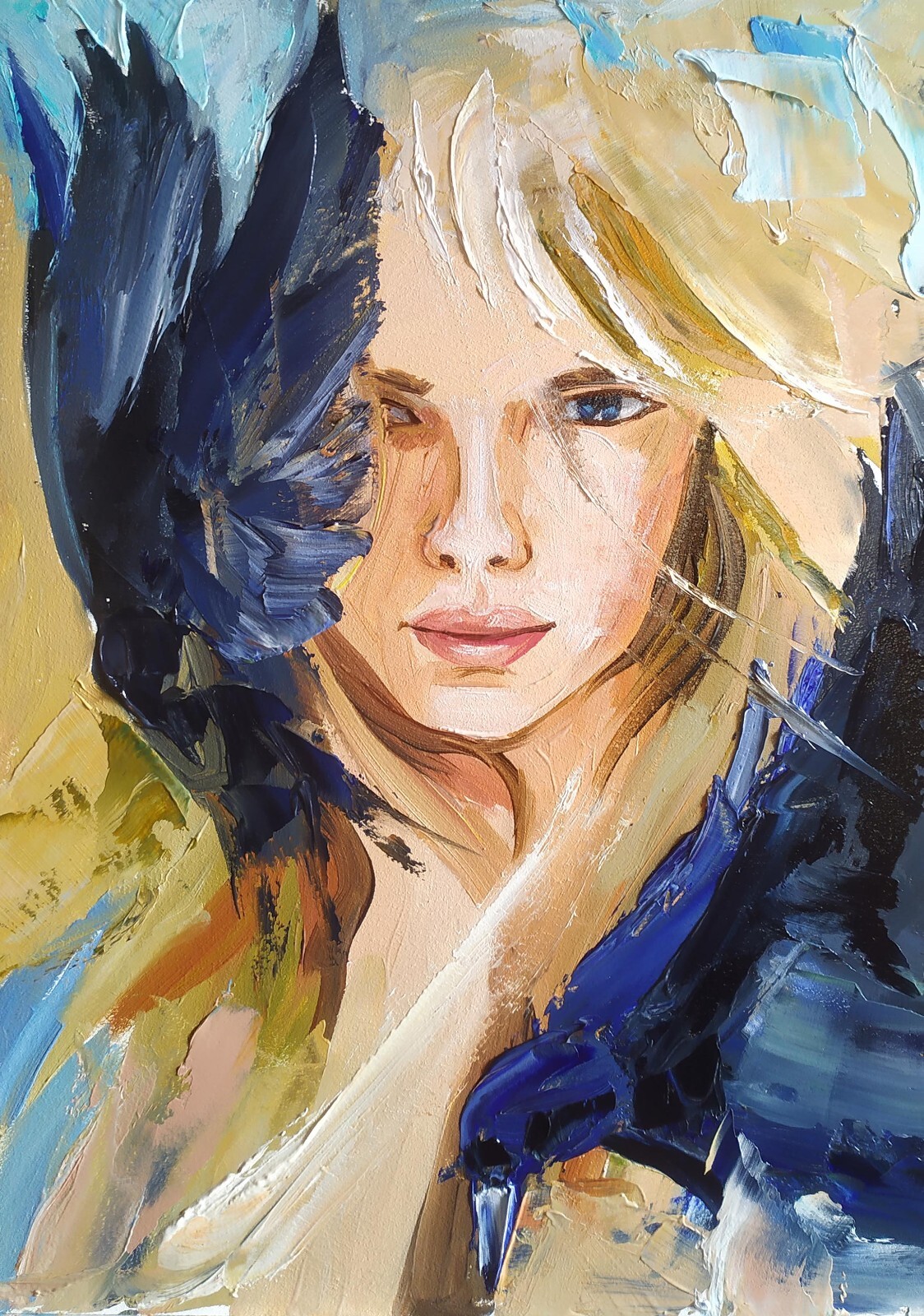 original oil painting portrait blonde woman art with two crows on panel