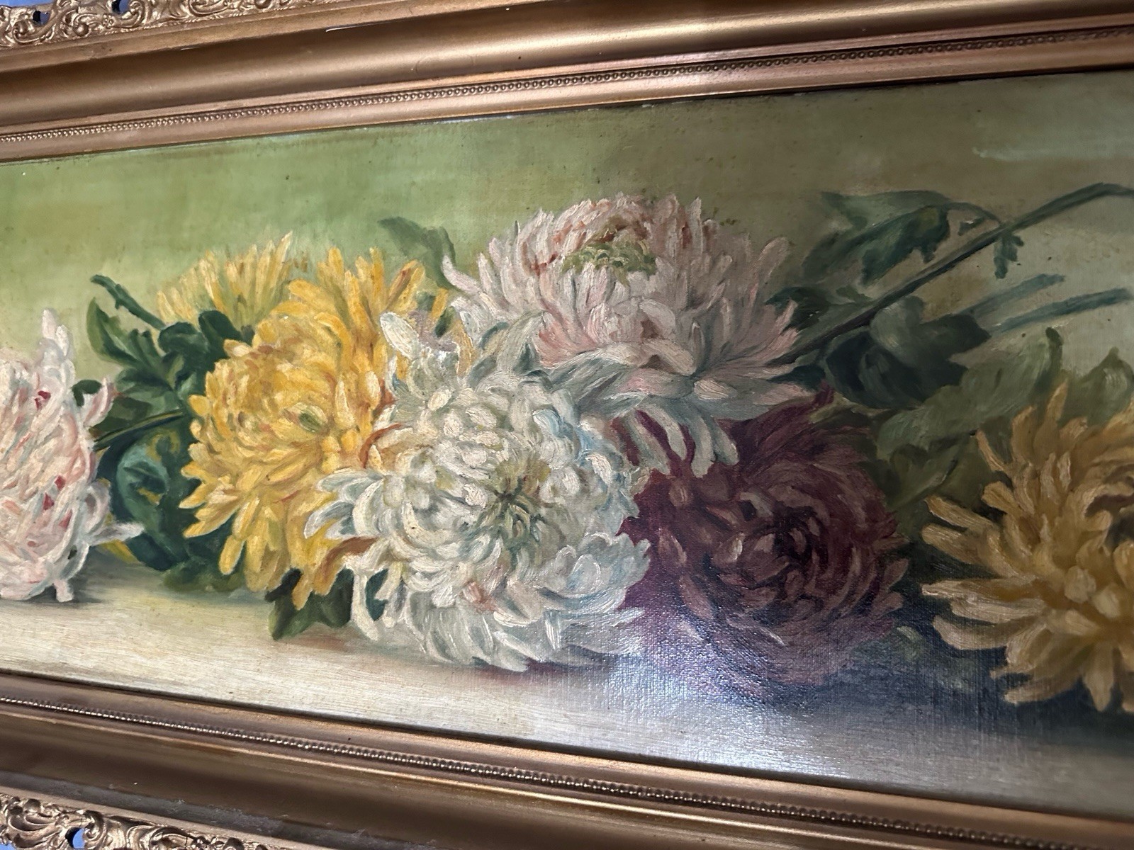 Antique Victorian Rare Horizontal Oil / C Chrysanthemum’s 40 X 14 Still Life