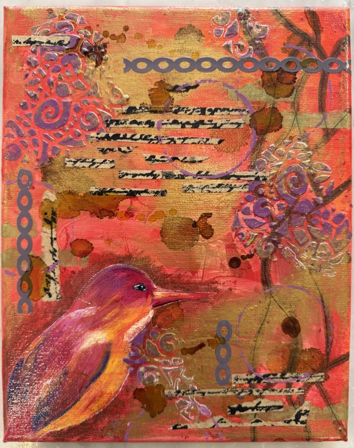 Original Signed Mixed Media Acrylic Bird Painting 8×10 “Red and Purple” 2015