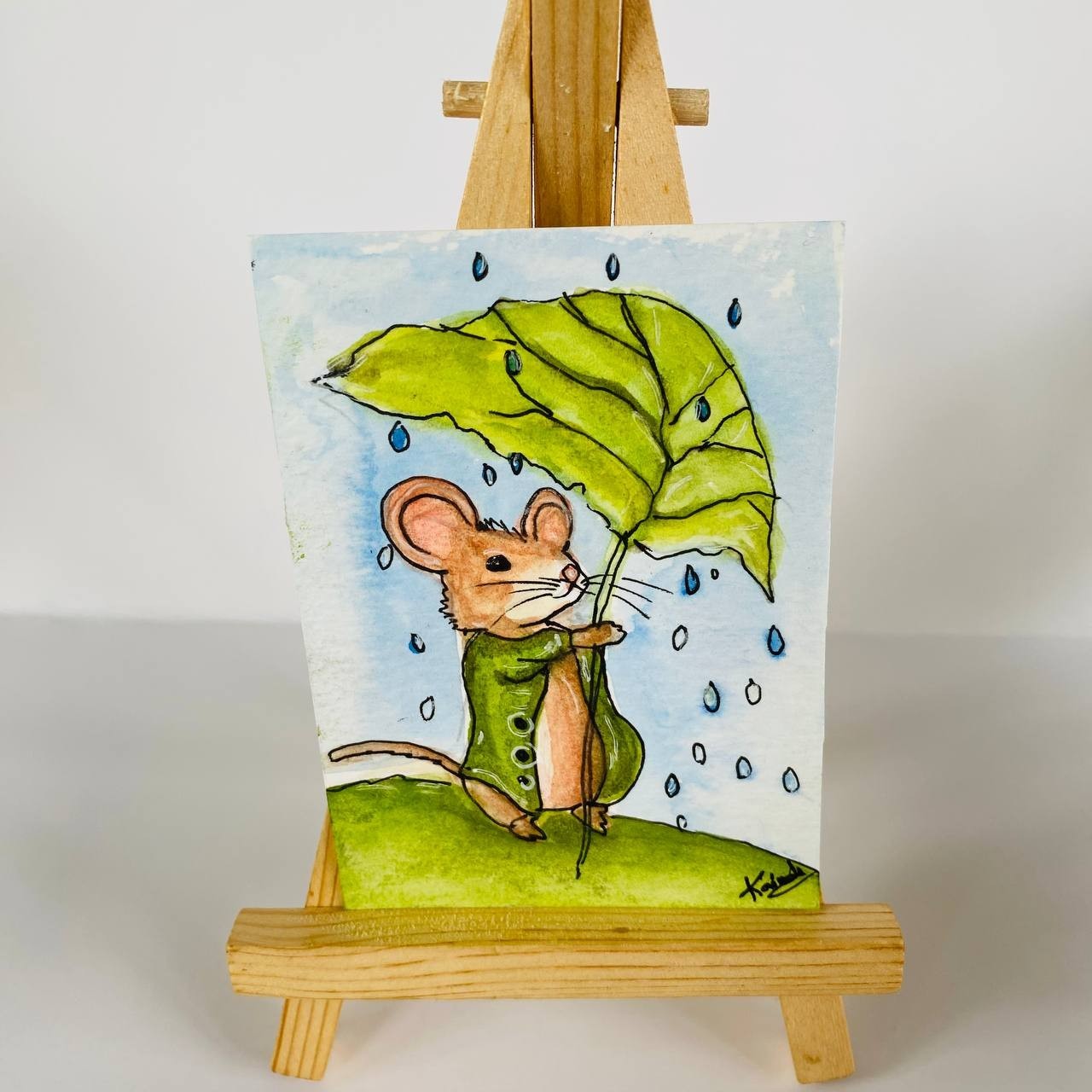 Original Watercolor Mouse Under Leaf Umbrella Whimsical ACEO fantasy Art OOAK