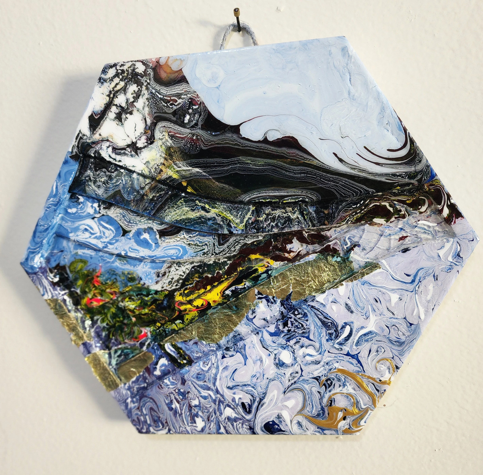 Fluid Painting On Wood Blue Hexagon Original Abstract Stormy Seas Wood Panel