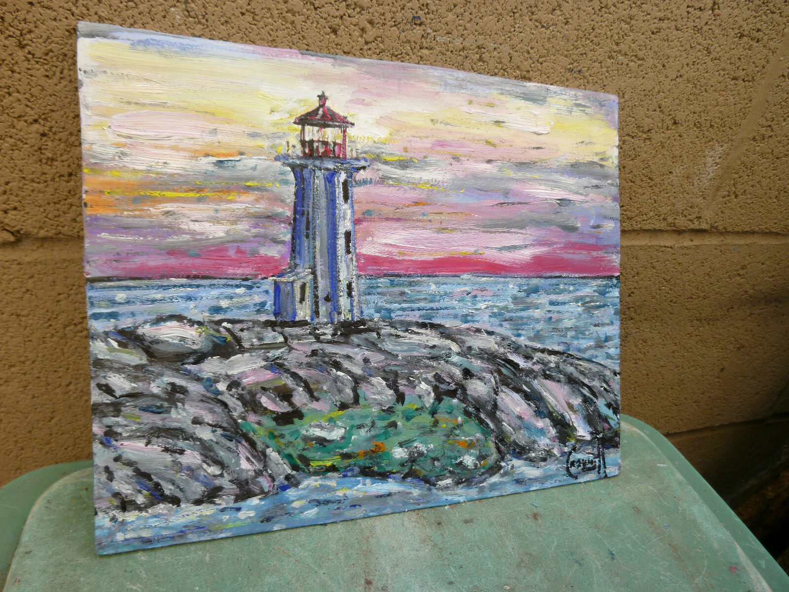 ROCKPOINT LIGHTHOUSE 8×10 ocean oil painting original art wood signed Crowell