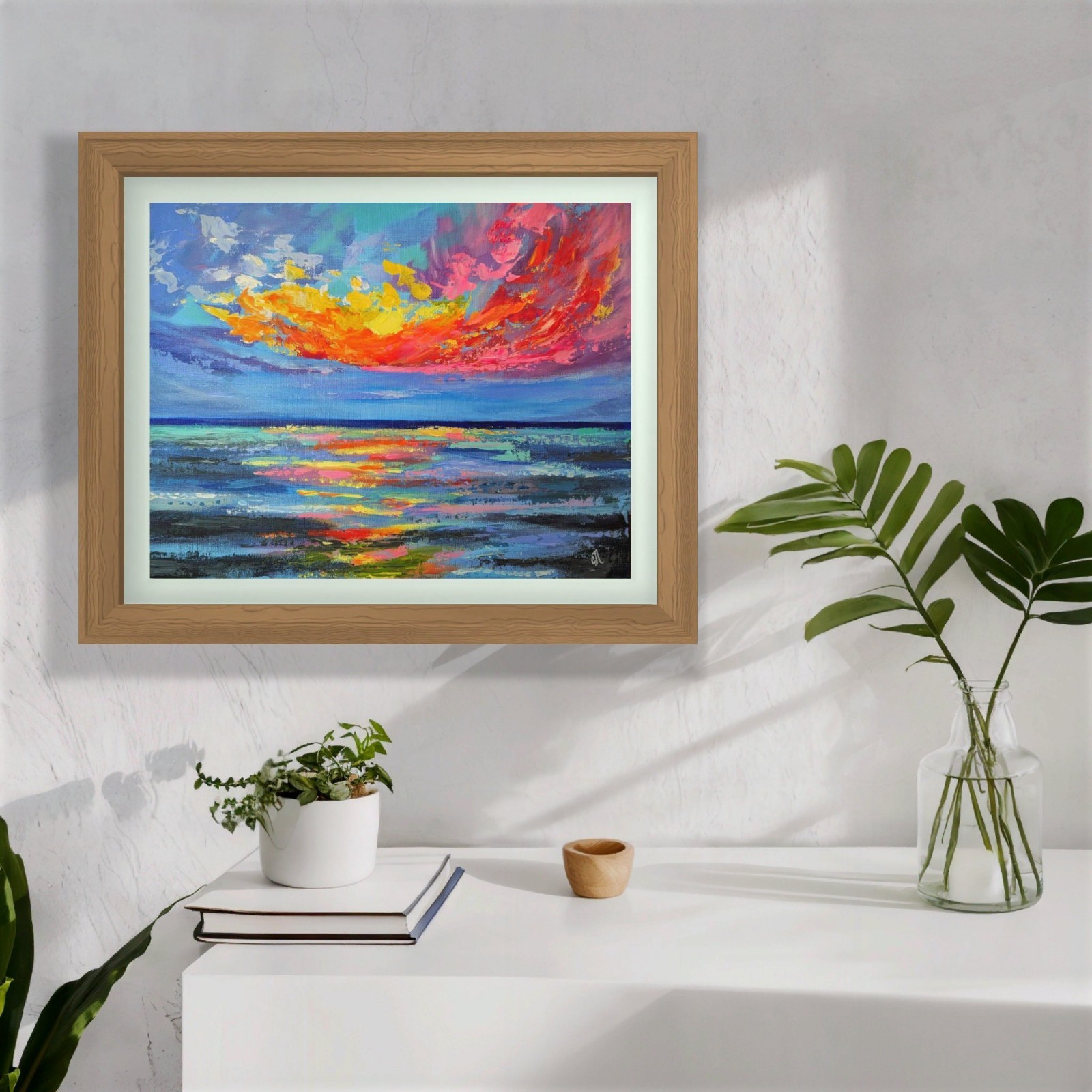 Sunset Beach Art. Original Painting on Canvas. Hand-Painted Ocean Seascape. 14″
