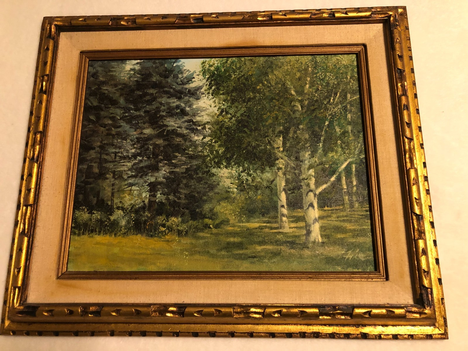 Vintage MCM oil painting on board forest (realistic) signed 14 x 18 in.