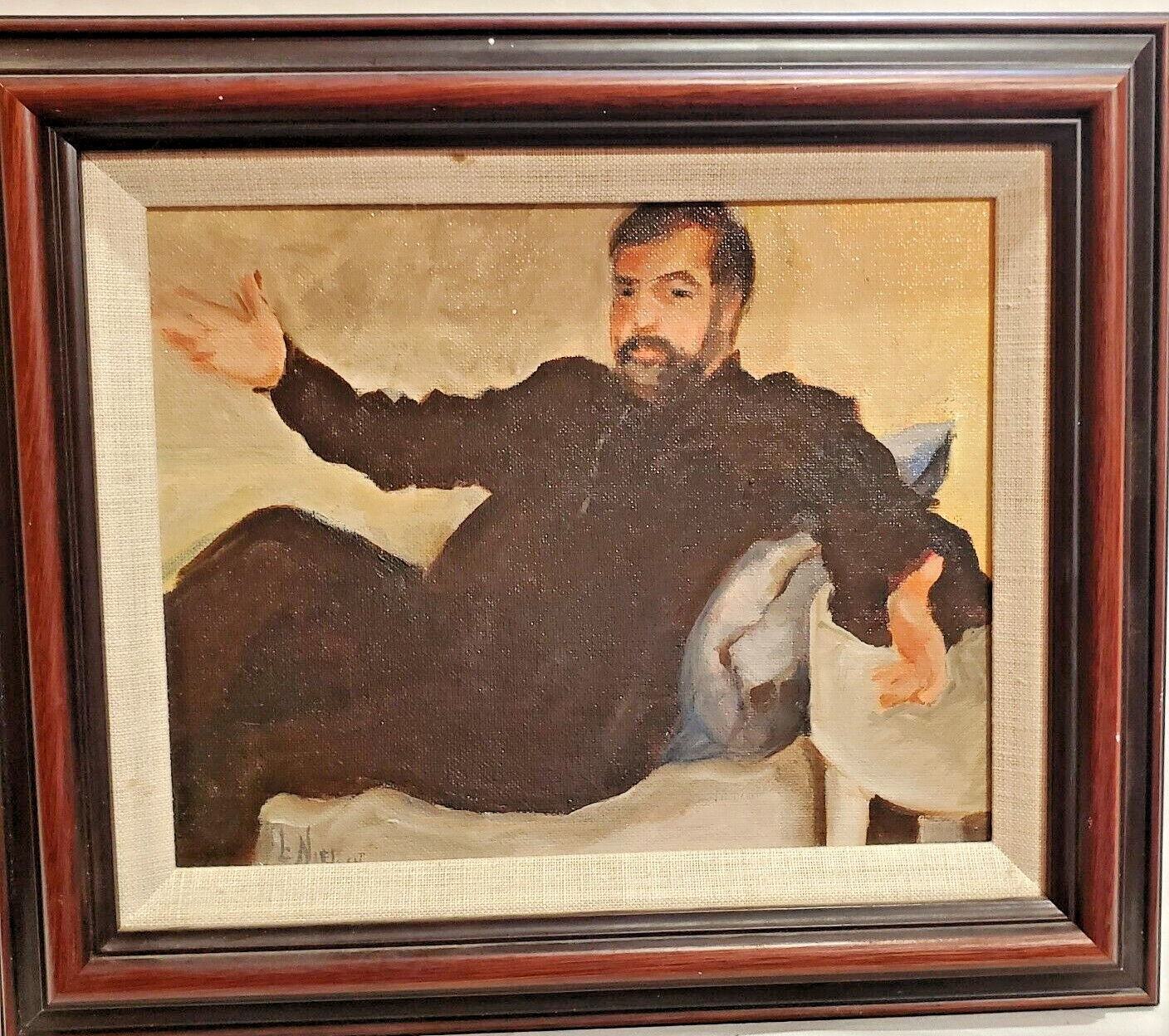 Oil on Canvas Portrait Man in Black Reclining Signed L Nielsen 13 1/2 x 11 1/2