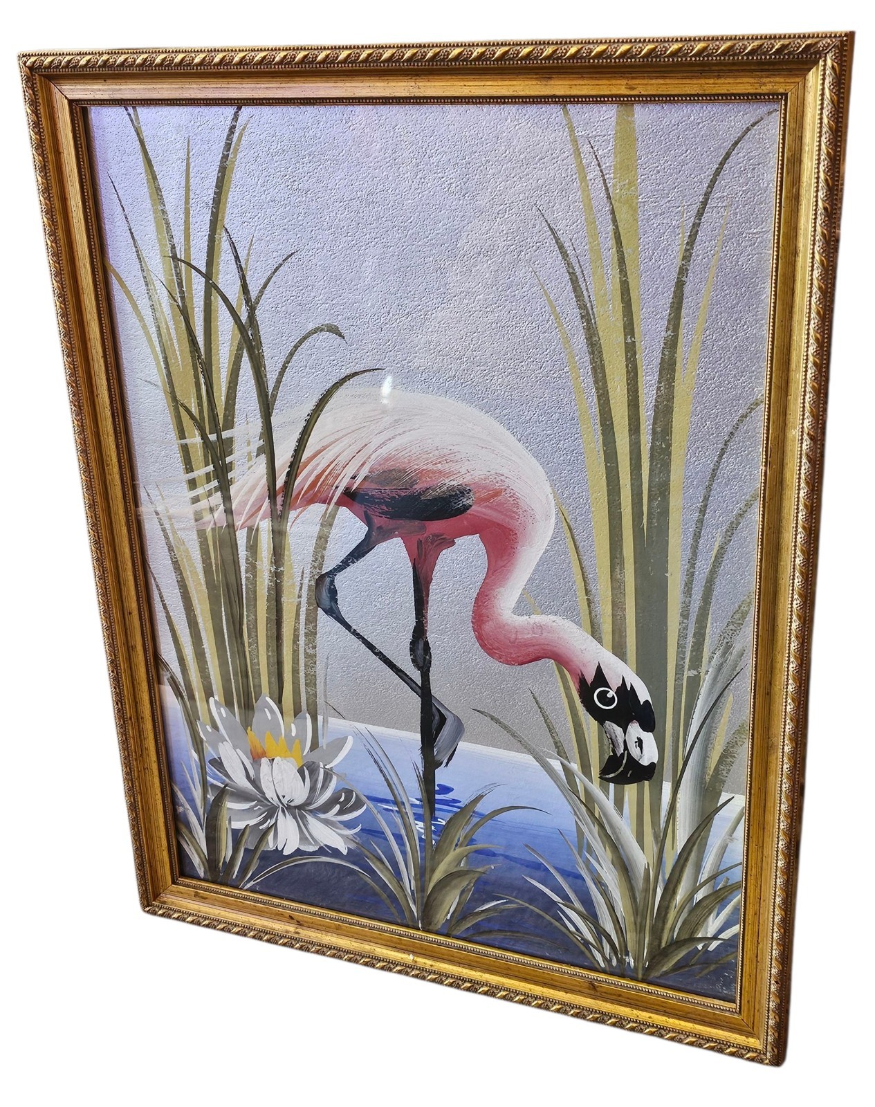 Vintage 1950s Pink Flamingo Devoe Original Painting Gold Frame 15.5″x19.5″