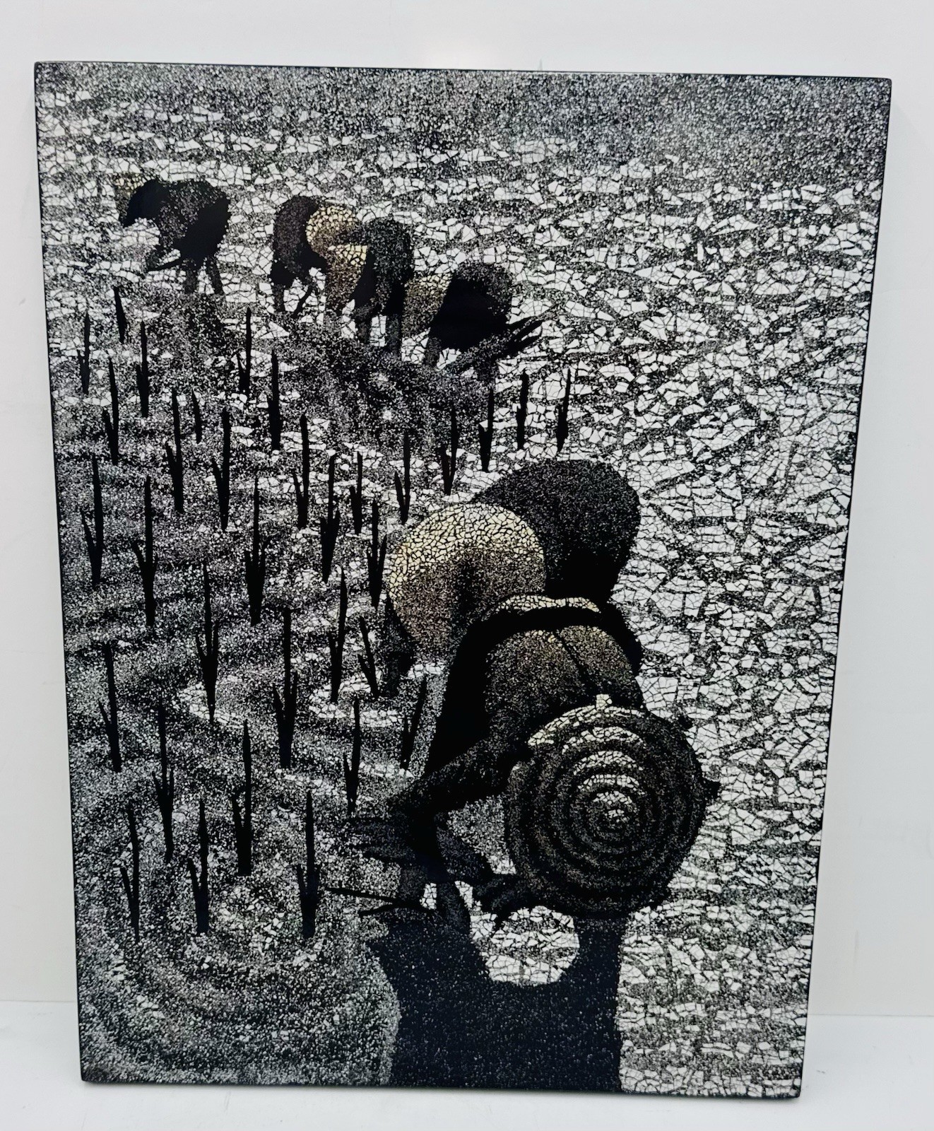 Vietnamese Crushed Eggshell Art Plaque Workers In Rice Field Black Lacquer Wood