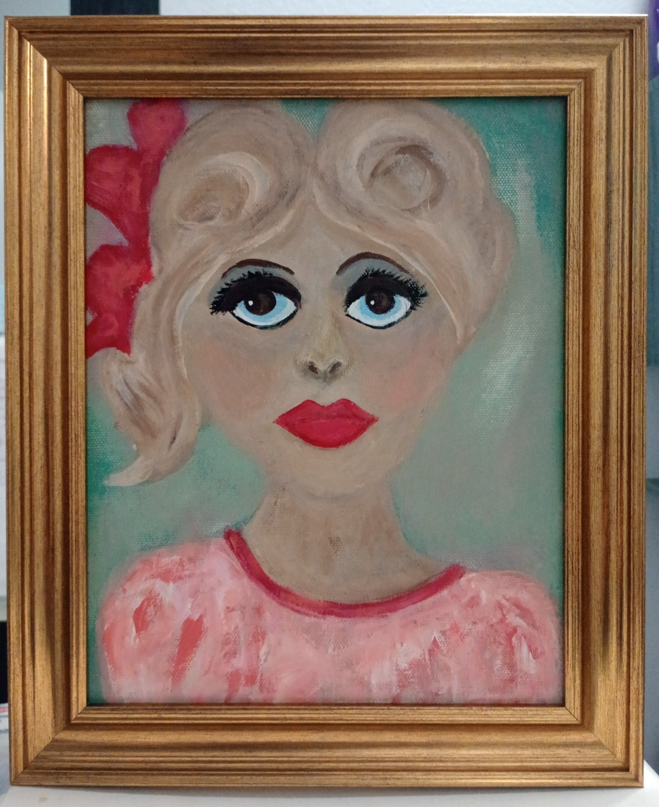 VINTAGE BIG EYES FOLK ART PORTRAIT PAINTING BLONDE LADY MCM KITSCH RETRO GOLD FR