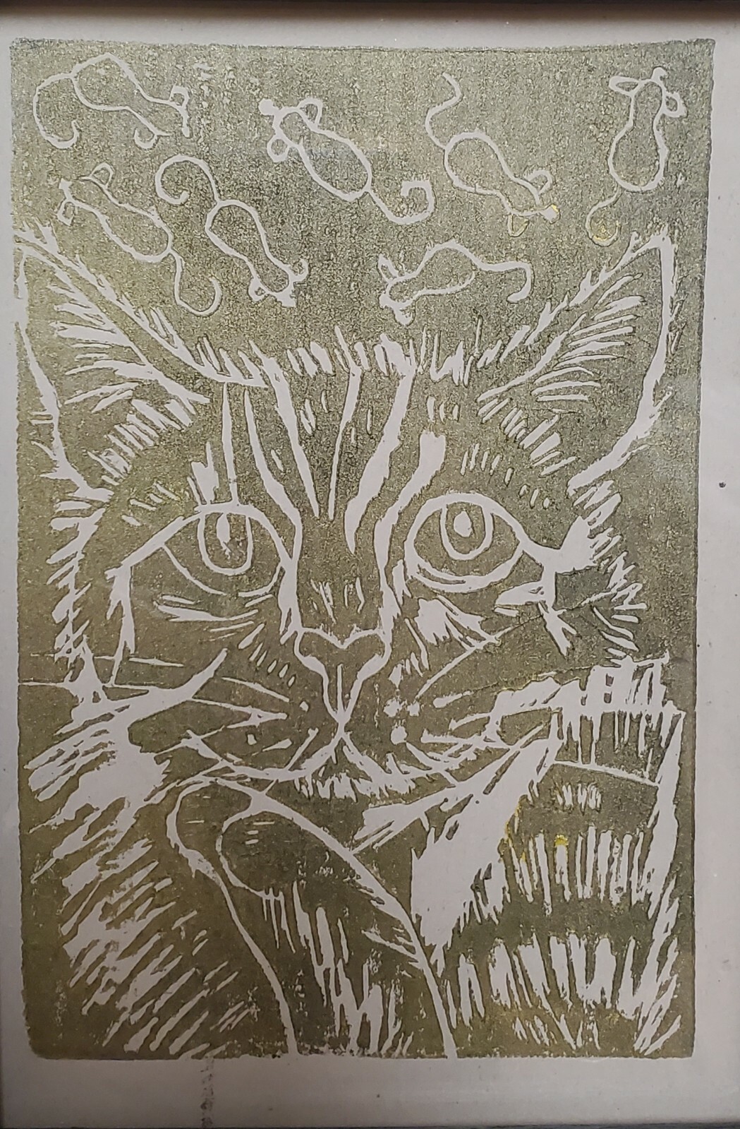 Hand printed linocut cat 4×6 framed