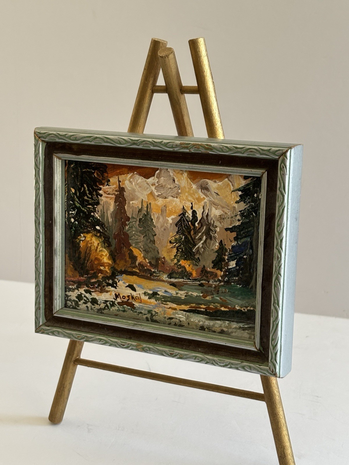 Vtg Mini Original Autumn Mountain Stream Landscape Painting Framed On Easel 3×4”
