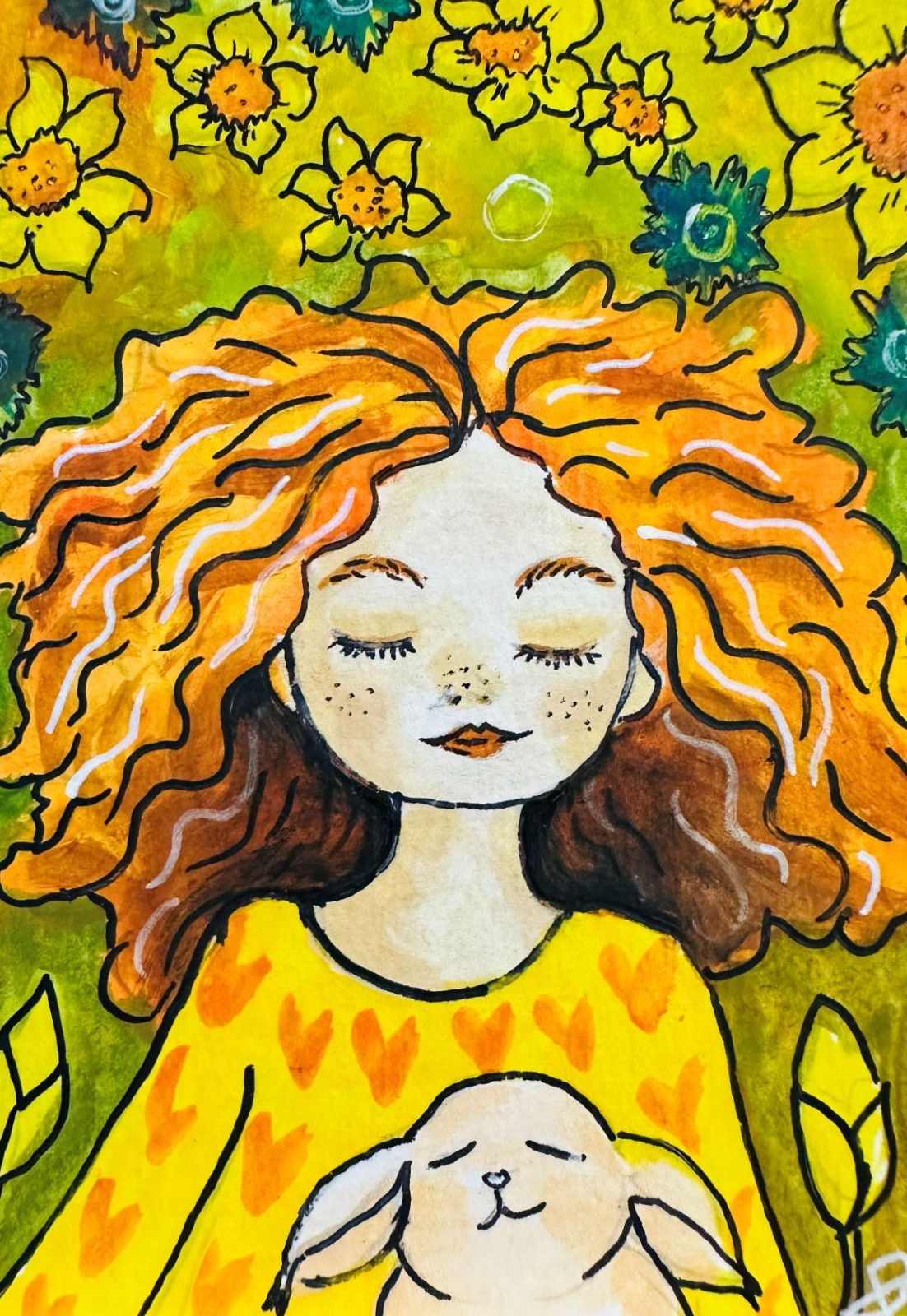 Girl Bunny Yellow ACEO Original Watercolor Painting Floral Whimsical Art