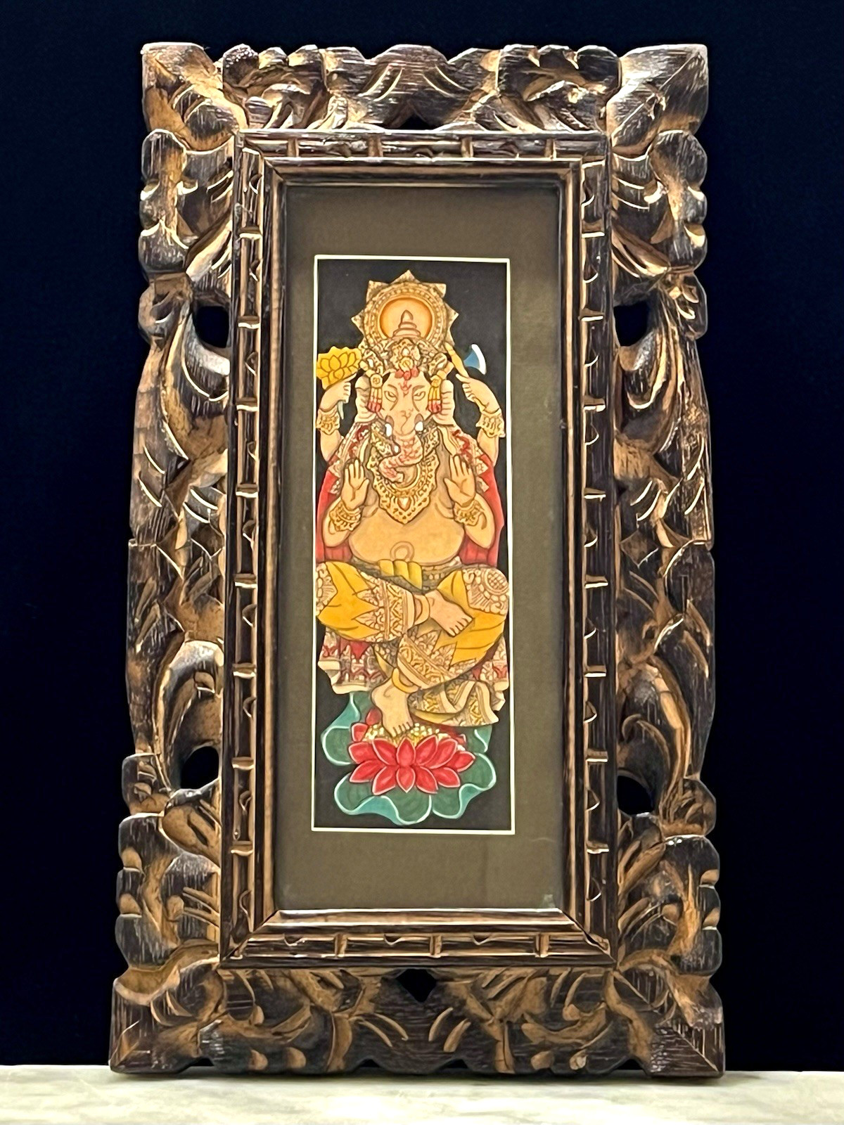 Ganapati Ganesha Water Color Art Hindu Religious Art Carved Wood Frame 13”x 7”