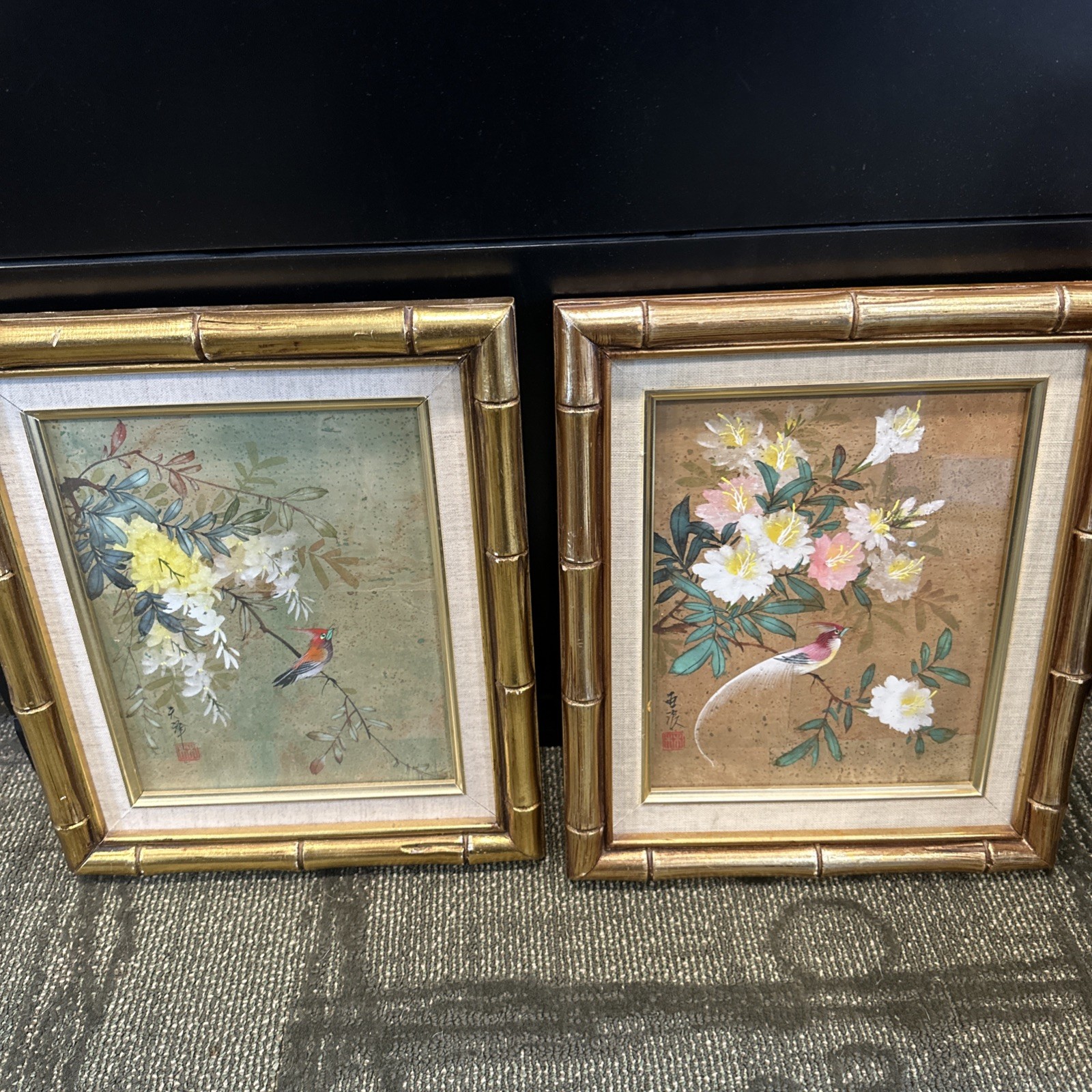 Vintage 2 Watercolor Painting Cork Paper Bird & Flowers Gold Bamboo Frame Signed