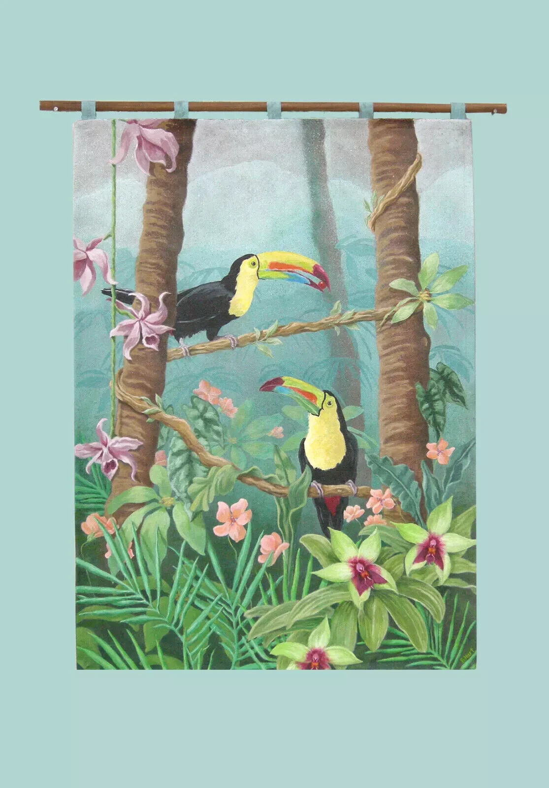 Original Painted Tapestry of Jungle Toucans-Wall Hanging-Flowers-Nature-Birds
