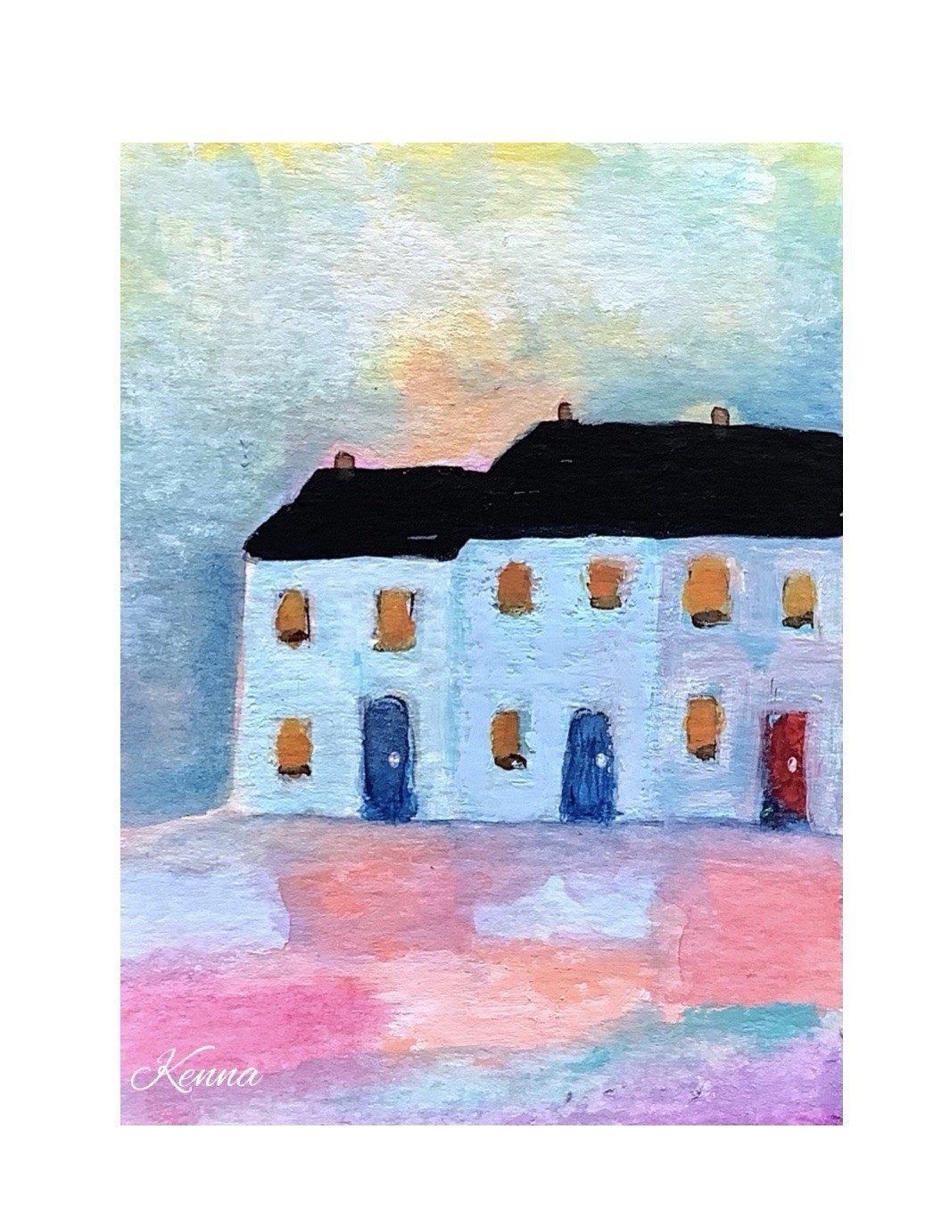 ACEO By Kenna Original Painting Of Houses 2.5”X 3.5” Signed ÀTC